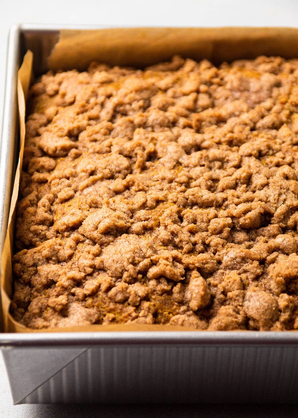Coffee cake with crumble on top, just after baking.