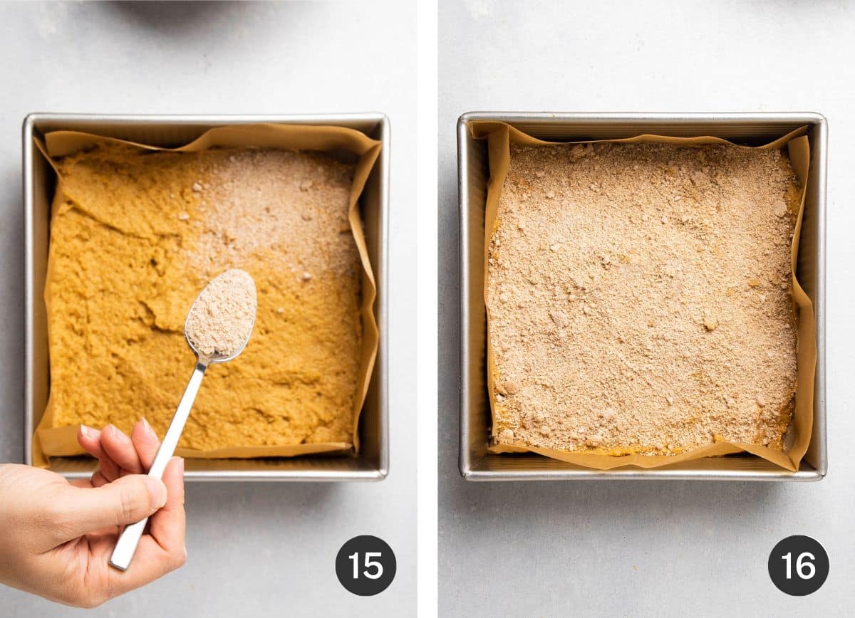 Sprinkling cinnamon filling over the first coffee cake layer.