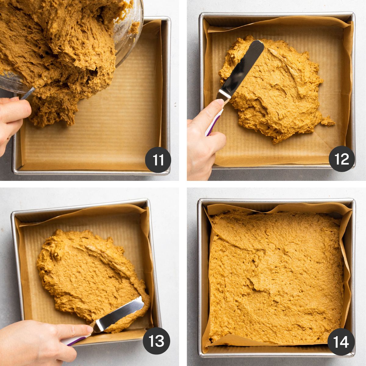 Using an offset spatula to spread the first layer of coffee cake batter across the baking dish.