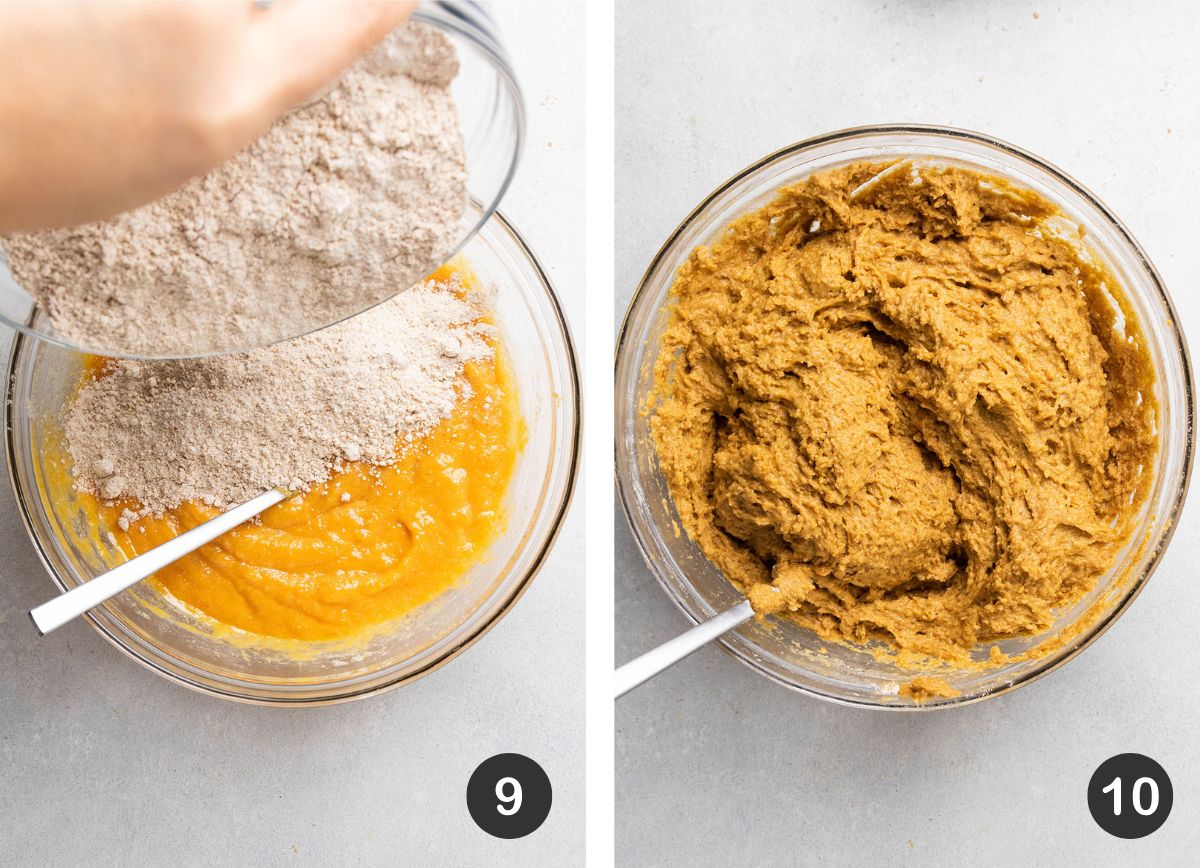 Stirring dry ingredients into wet ingredients.