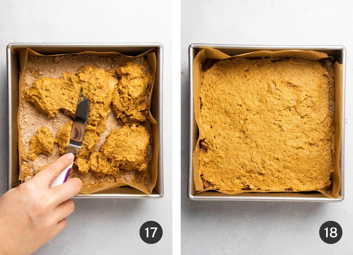 Spreading remaining batter over coffee cake filling.