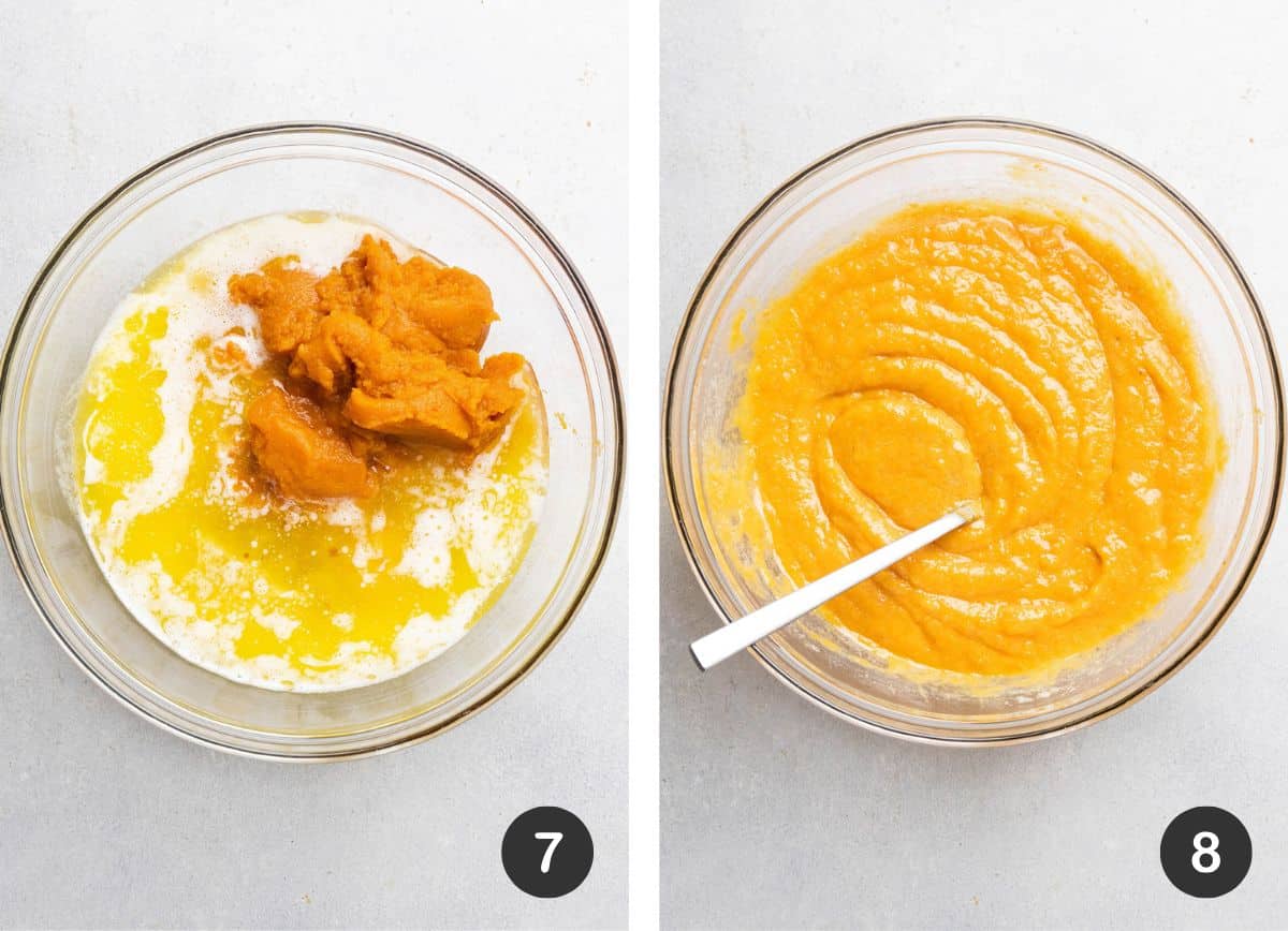 Mixing wet ingredients in a separate bowl.