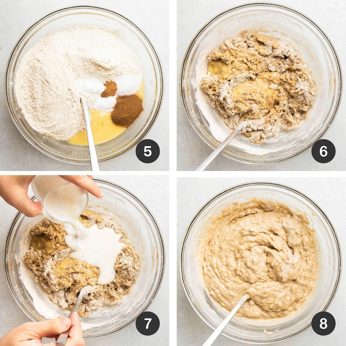 Mixing dry ingredients into batter.