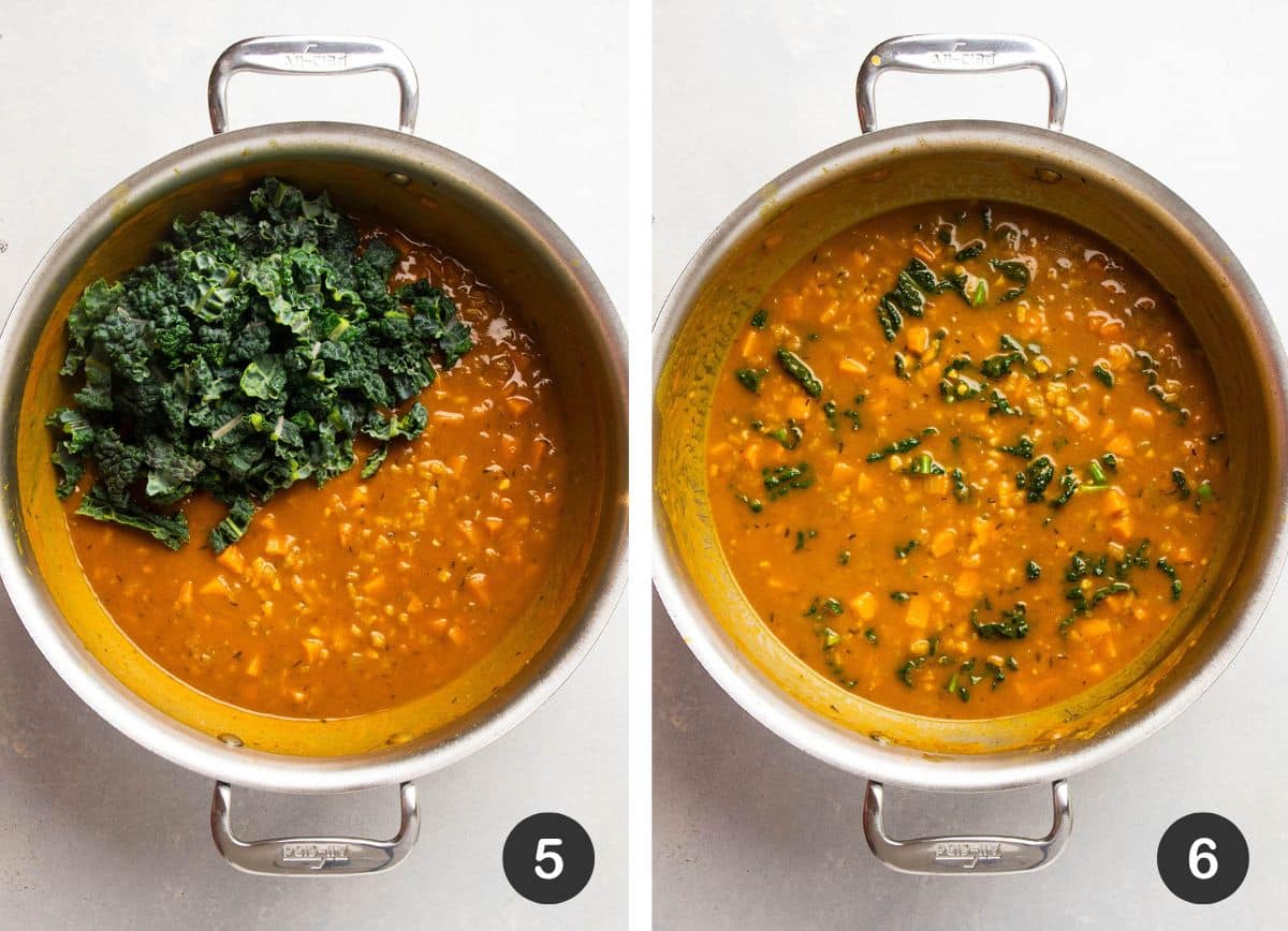 Adding kale to soup.