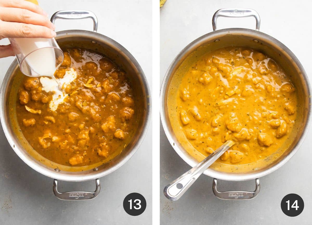 Adding milk to soup.