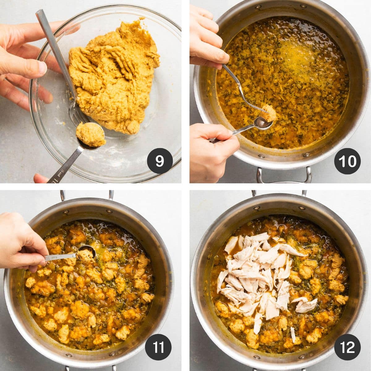 Adding pumpkin dumplings to soup.