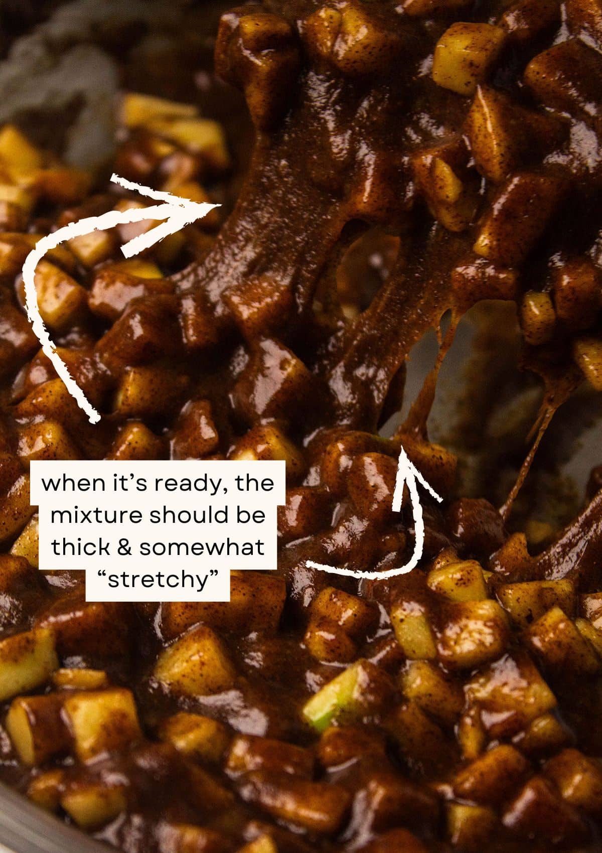 The texture of the final apple filling should be thick and stretchy.