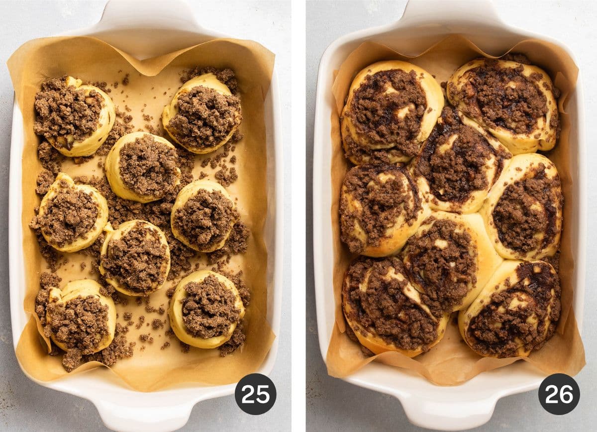 Cinnamon rolls before and after baking.