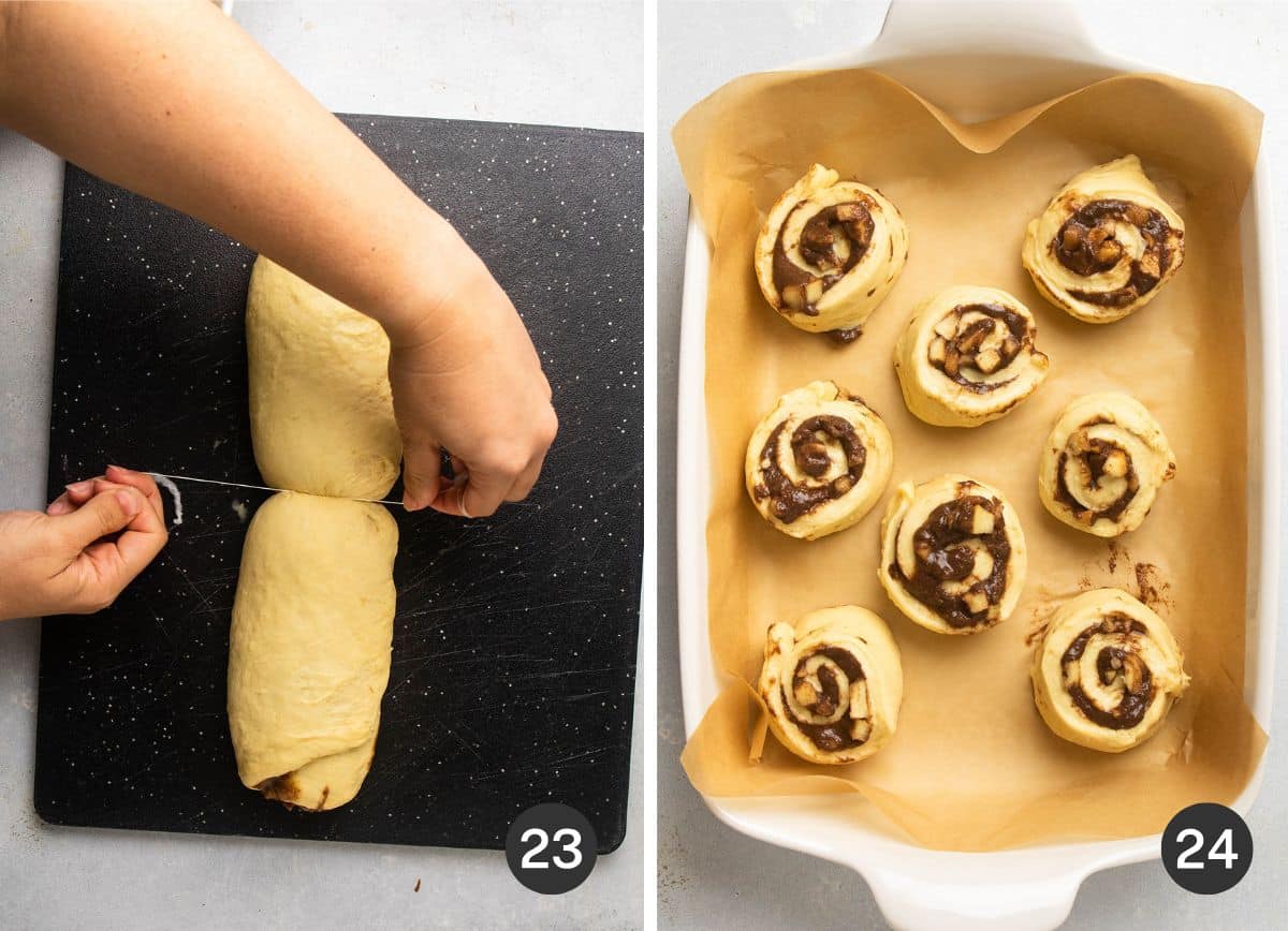 Slicing the cinnamon rolls.