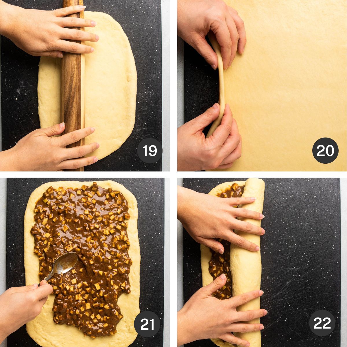 Rolling out dough and adding filling.