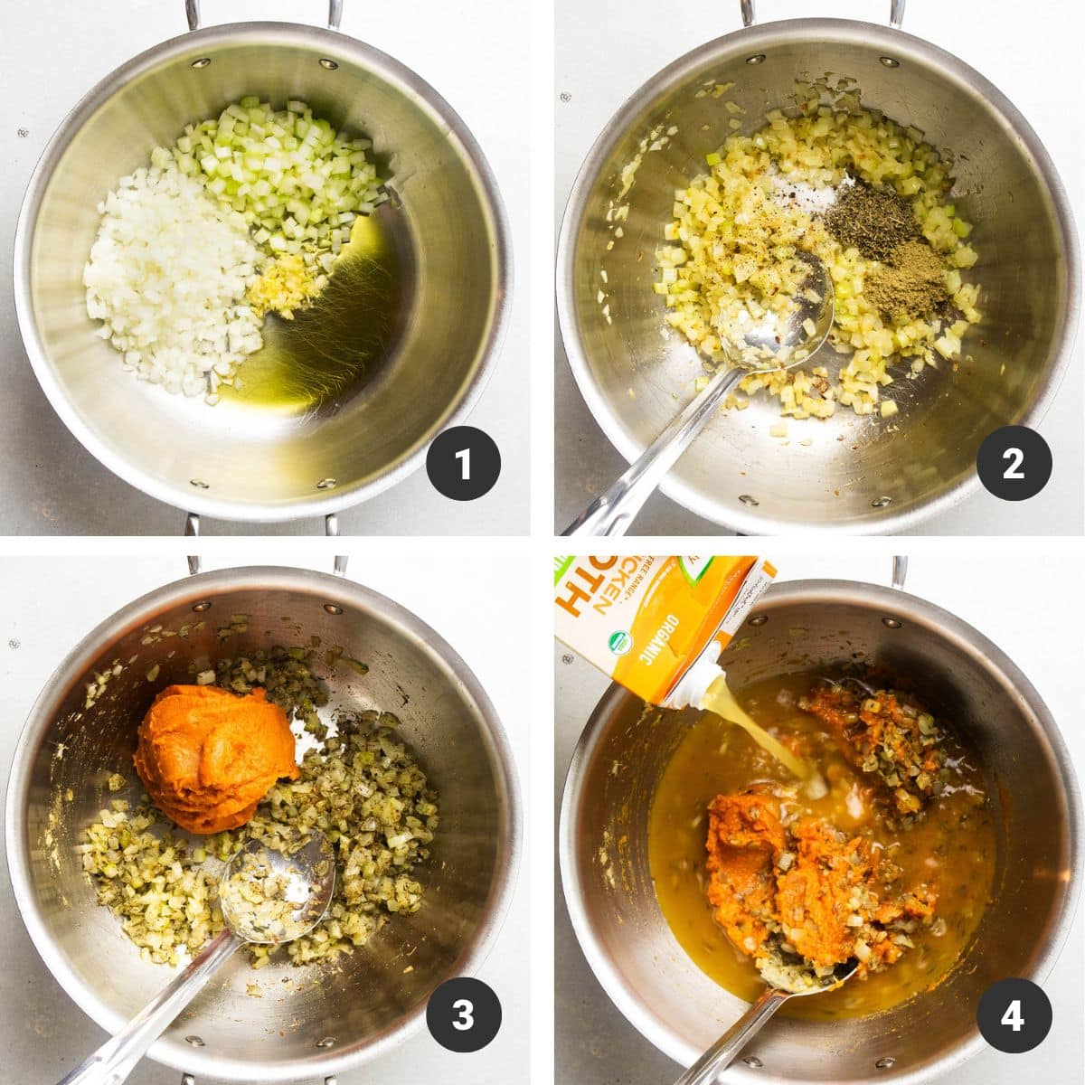 Making pumpkin soup base in a large pot.