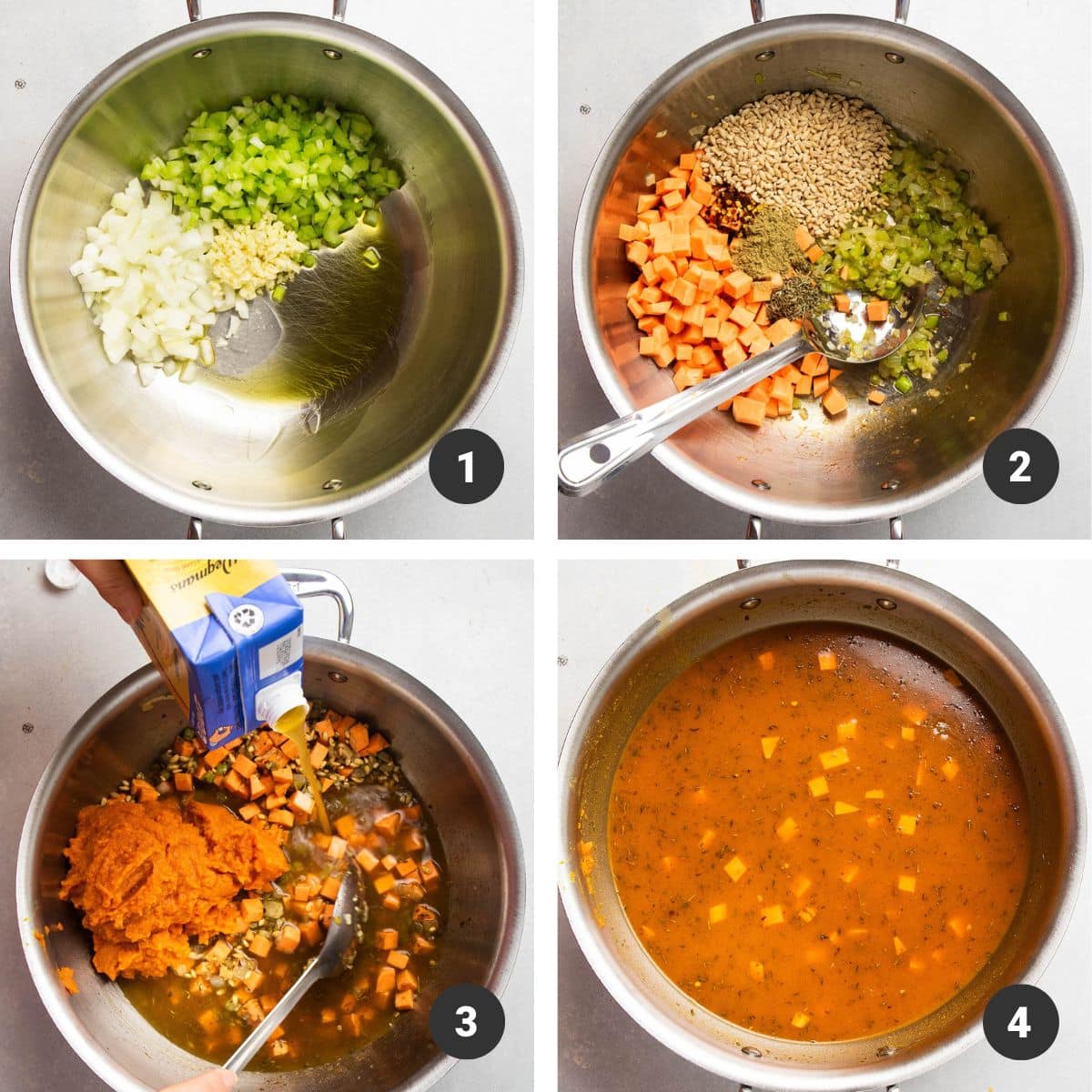 Sauteeing veggies in a large pot before adding pumpkin.