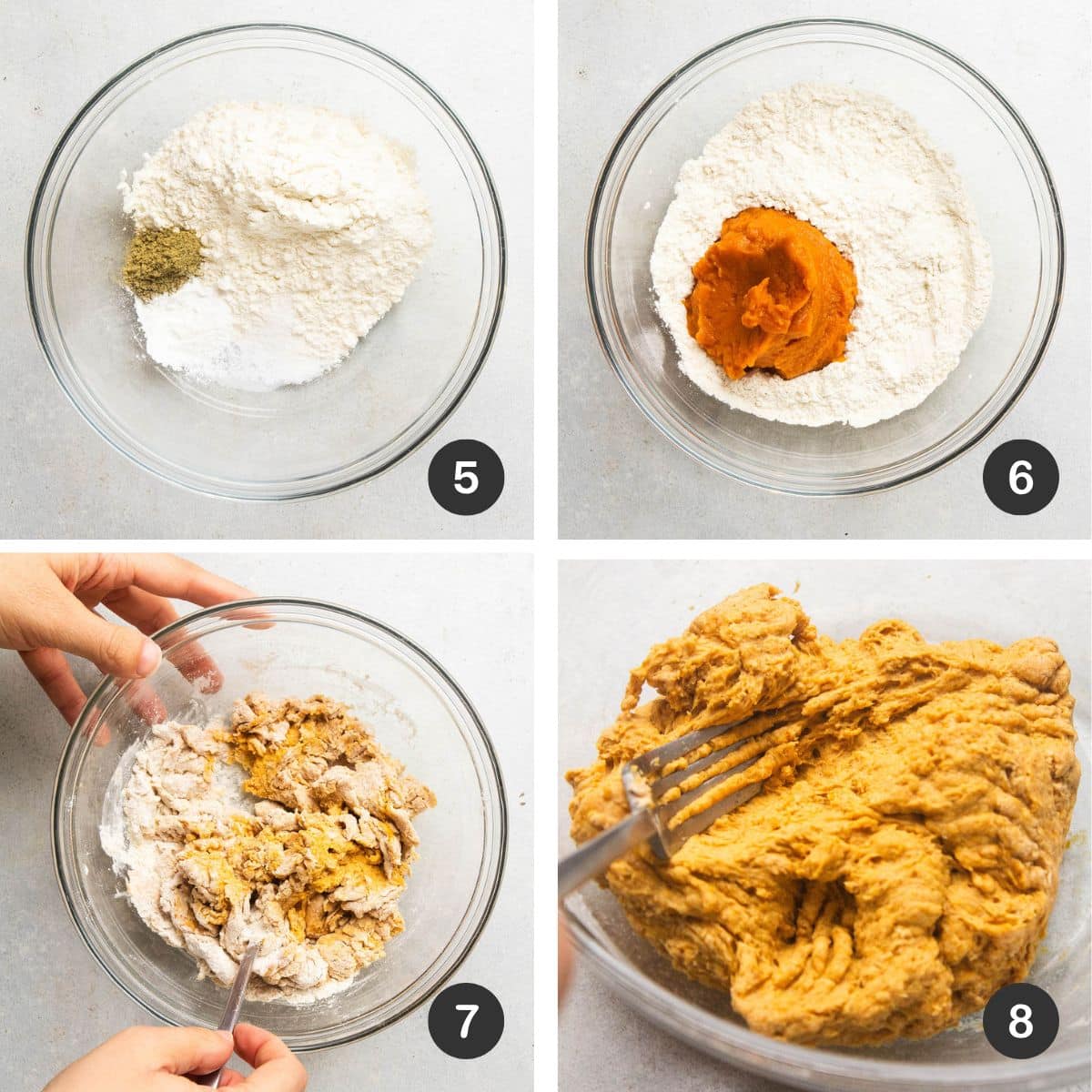Mixing pumpkin dumplings in a small bowl.