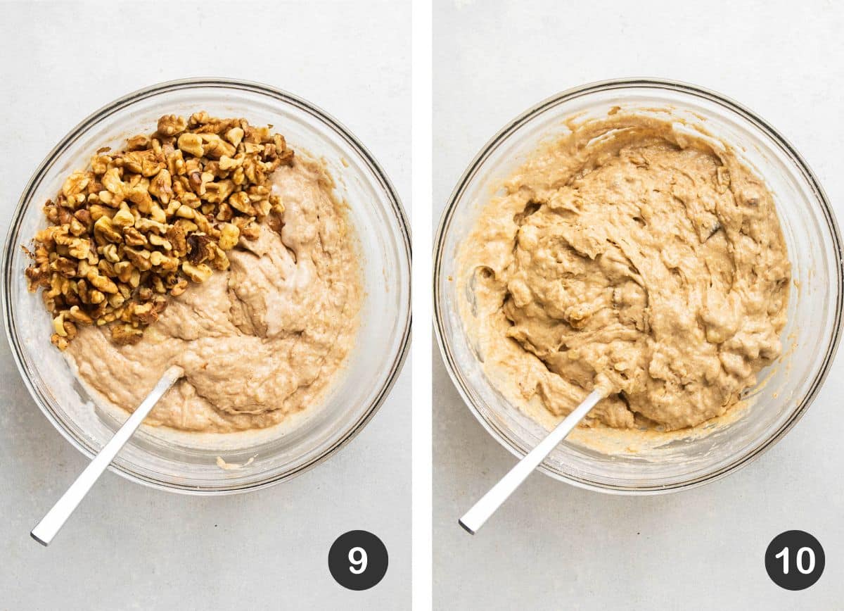 Mixing toasted walnuts into banana bread batter.