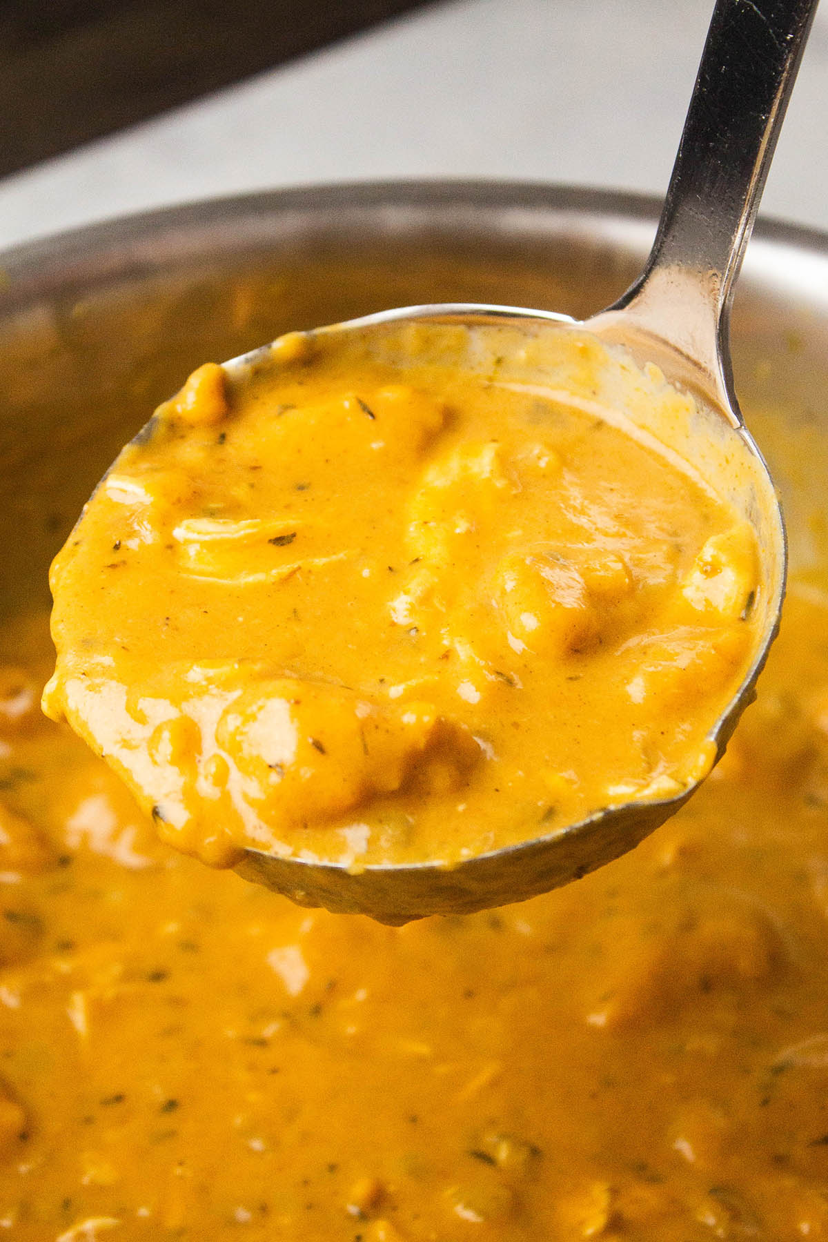Ladle of pumpkin soup.
