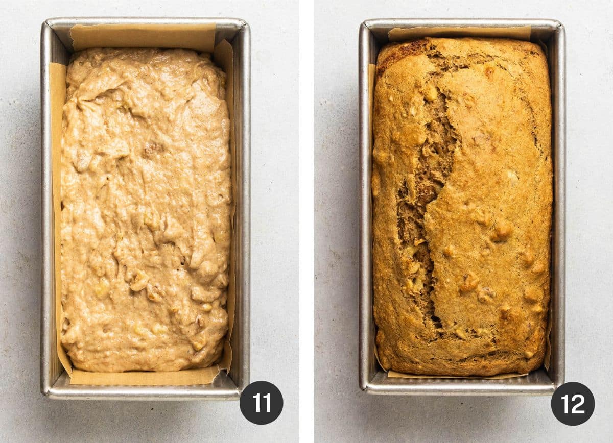 Baking banana bread in a metal bread pan.