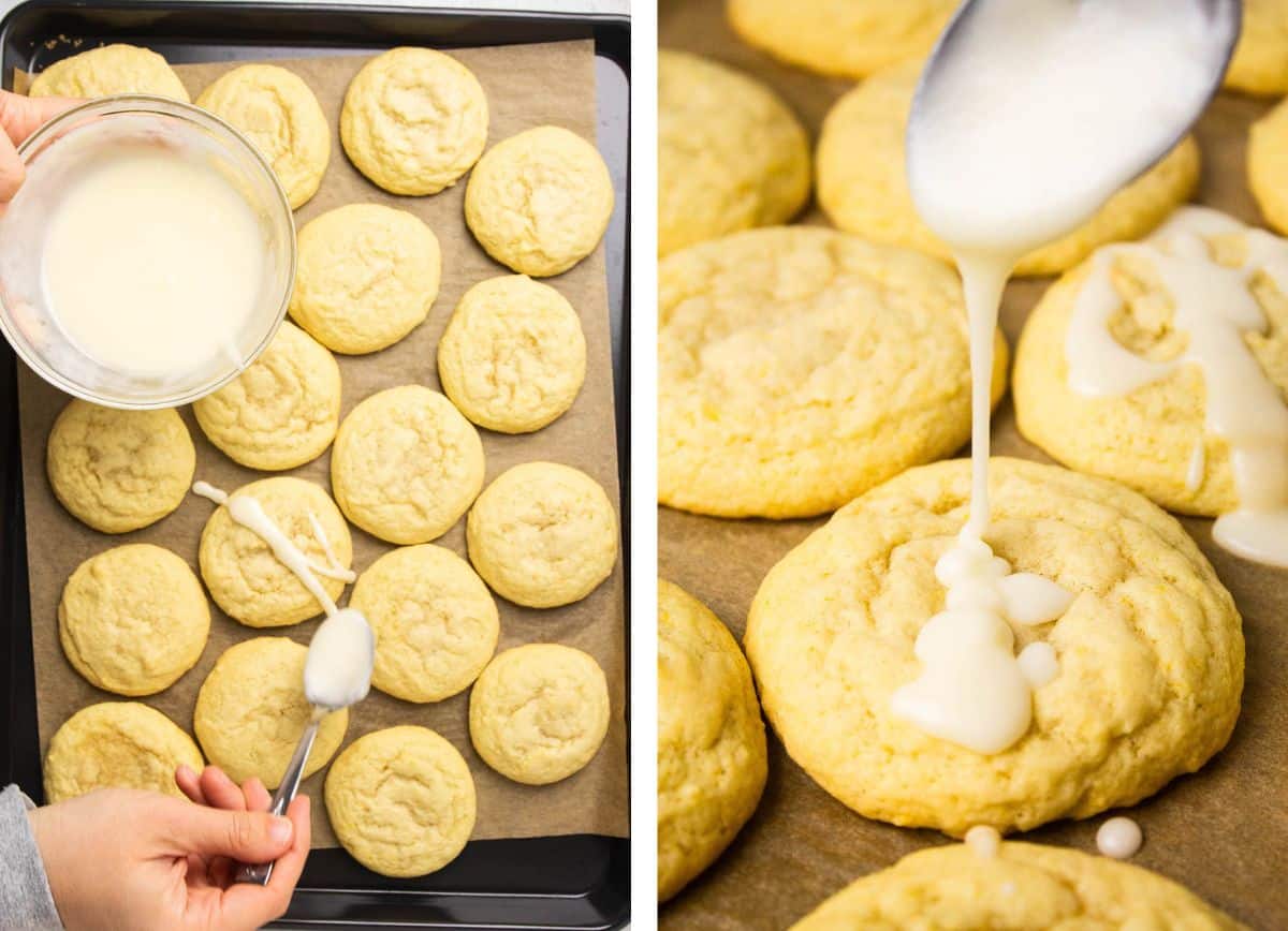 Using a spoon to drizzle frosting over the cookies.