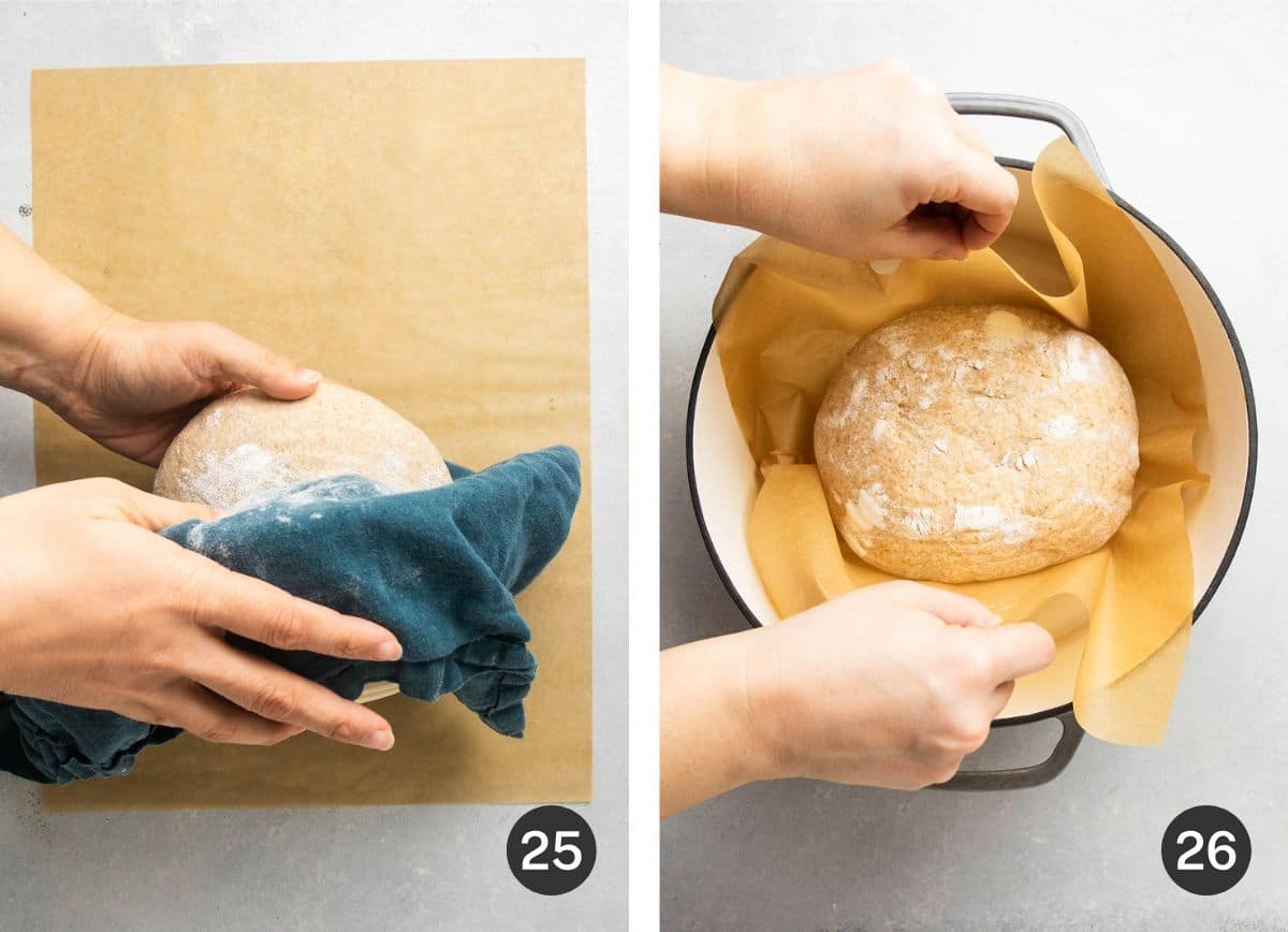 Lifting bread into a hot dutch oven with a piece of parchment.