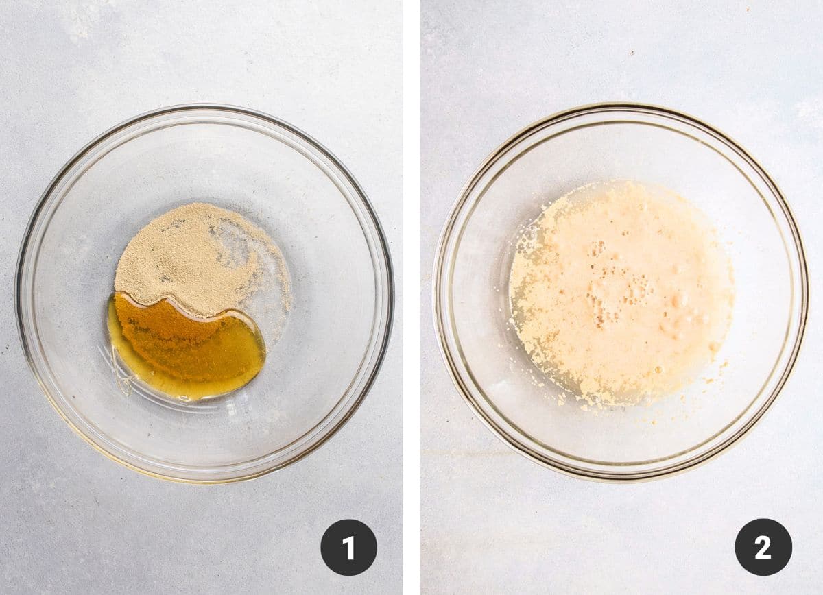 Proofing yeast with honey and water.