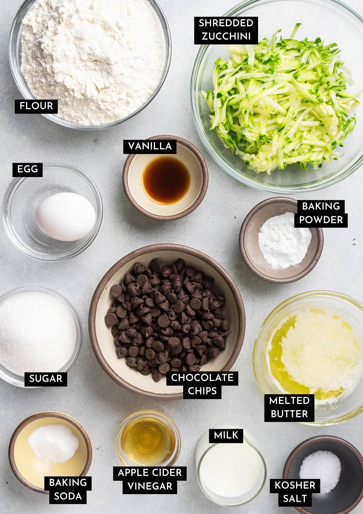Chocolate chip zucchini bread ingredients.
