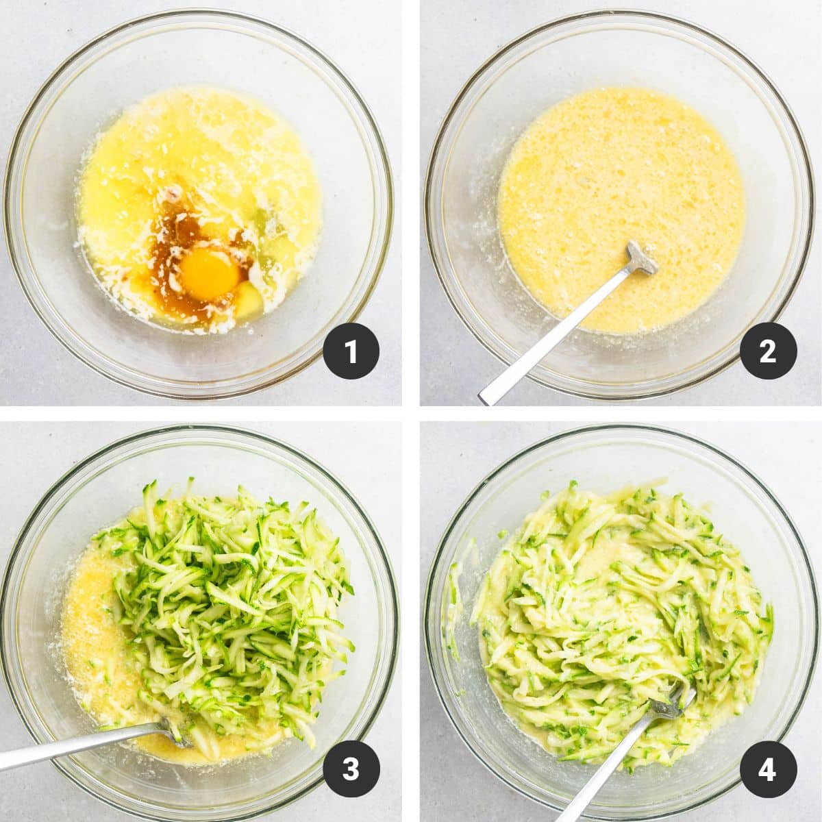 Mixing wet ingredients for zucchini bread.
