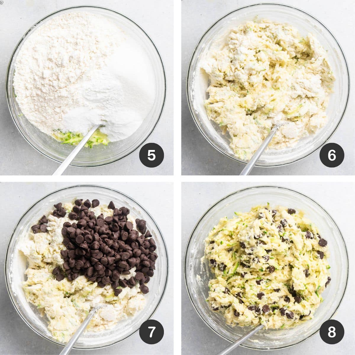 Adding chocolate chips to zucchini bread batter.