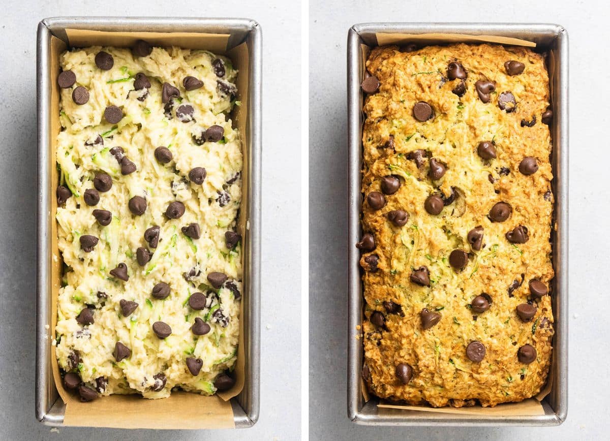 Baking zucchini bread in a metal bread pan.