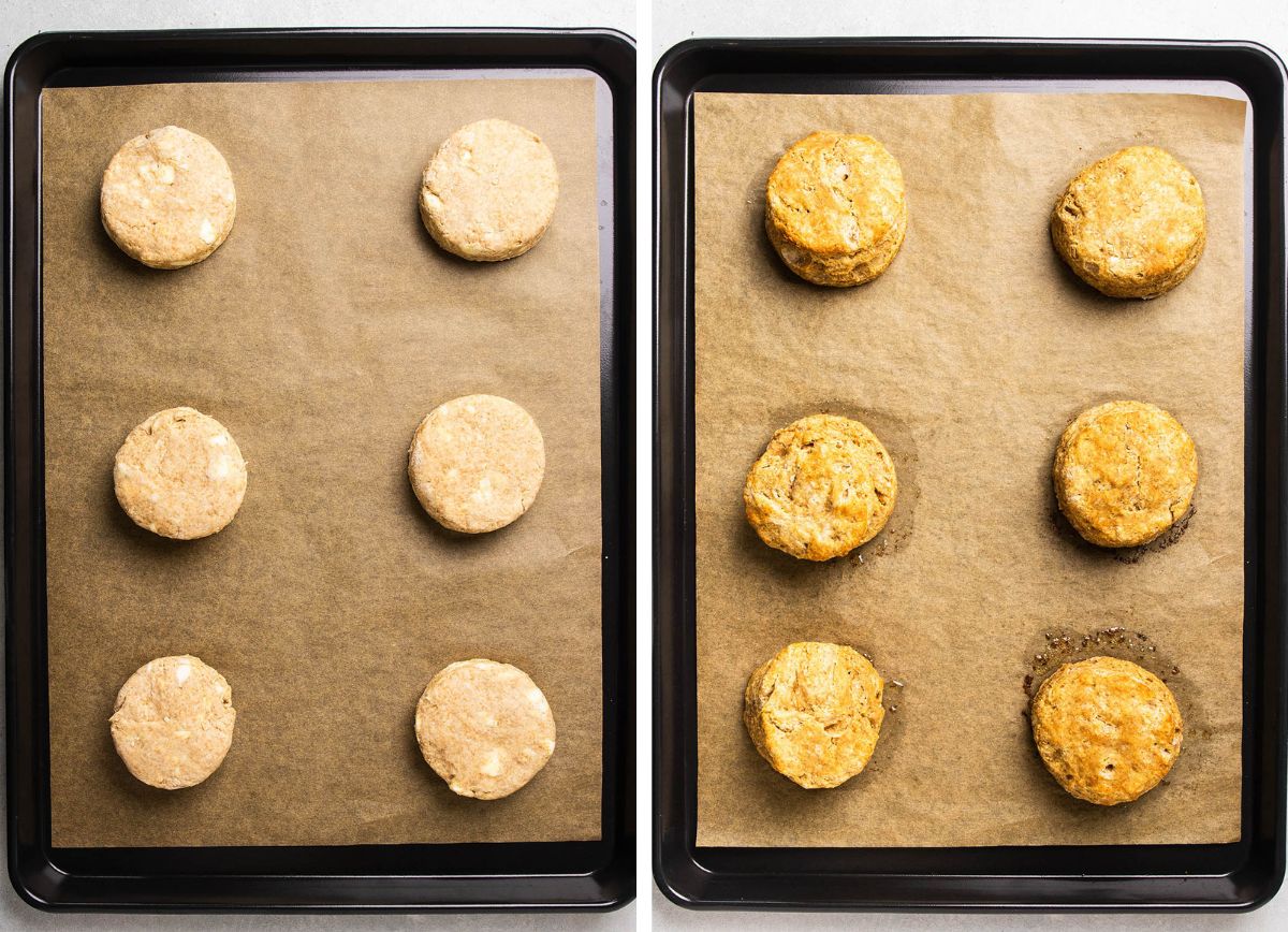 Baking biscuits on a sheet pan.