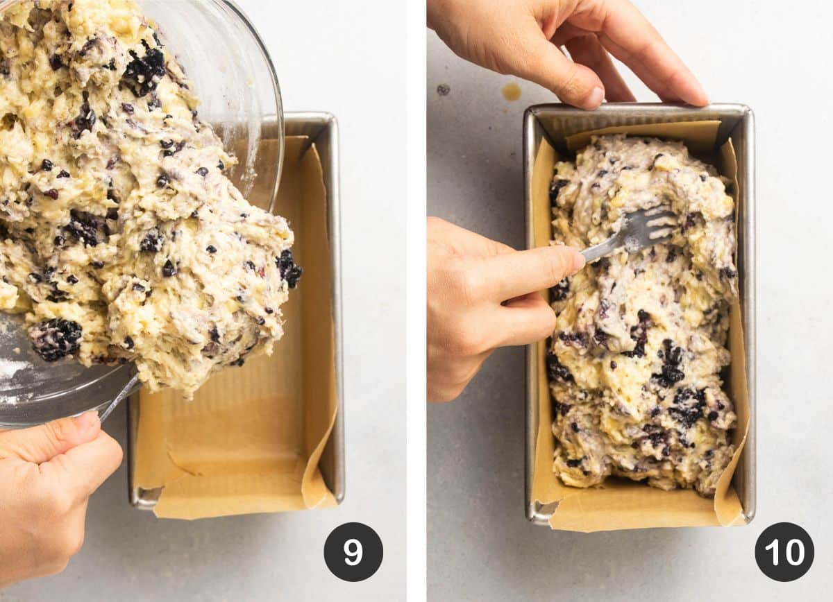 Transferring batter to prepared loaf pan.