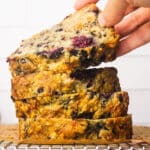 Sliced blackberry banana bread.