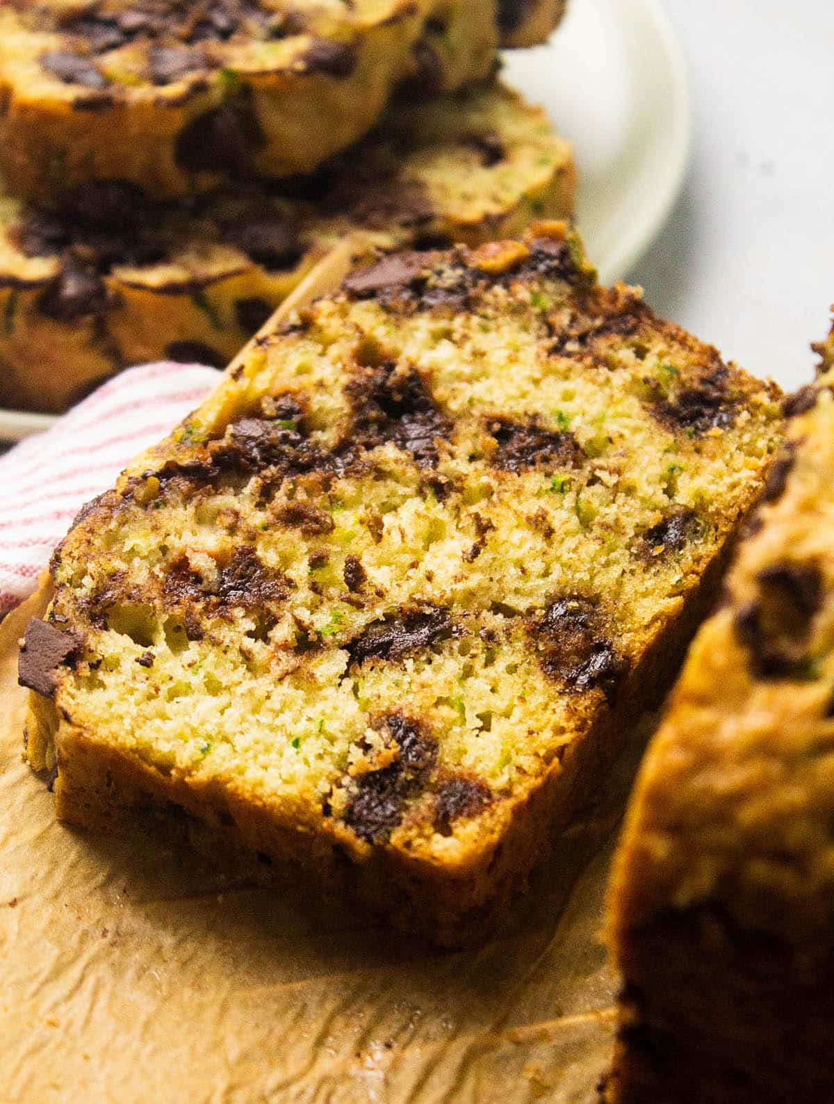 Slice of zucchini chocolate chip bread.