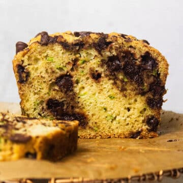 Zucchini bread loaf with chocolate chips.