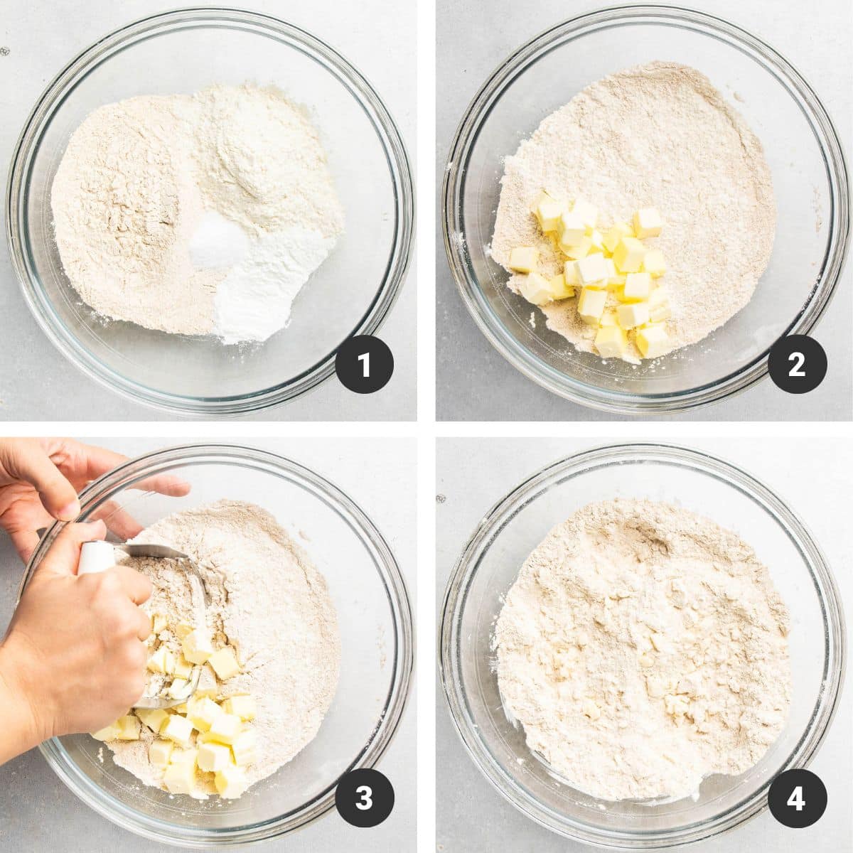Cutting butter into dry ingredients.