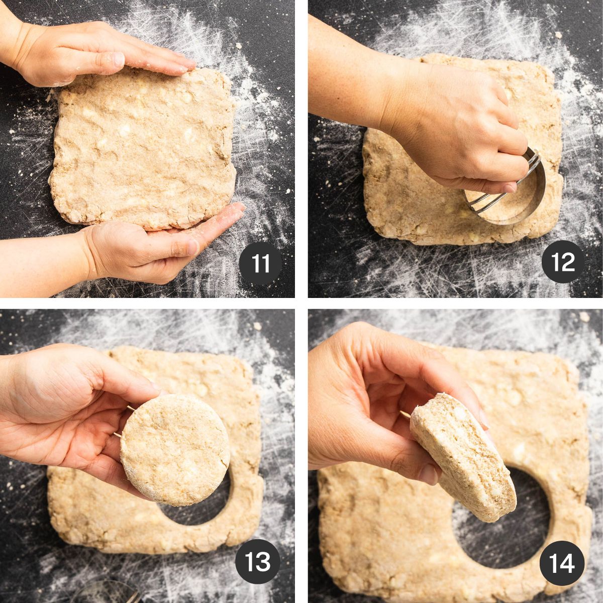 Cutting biscuits with a biscuit cutter.