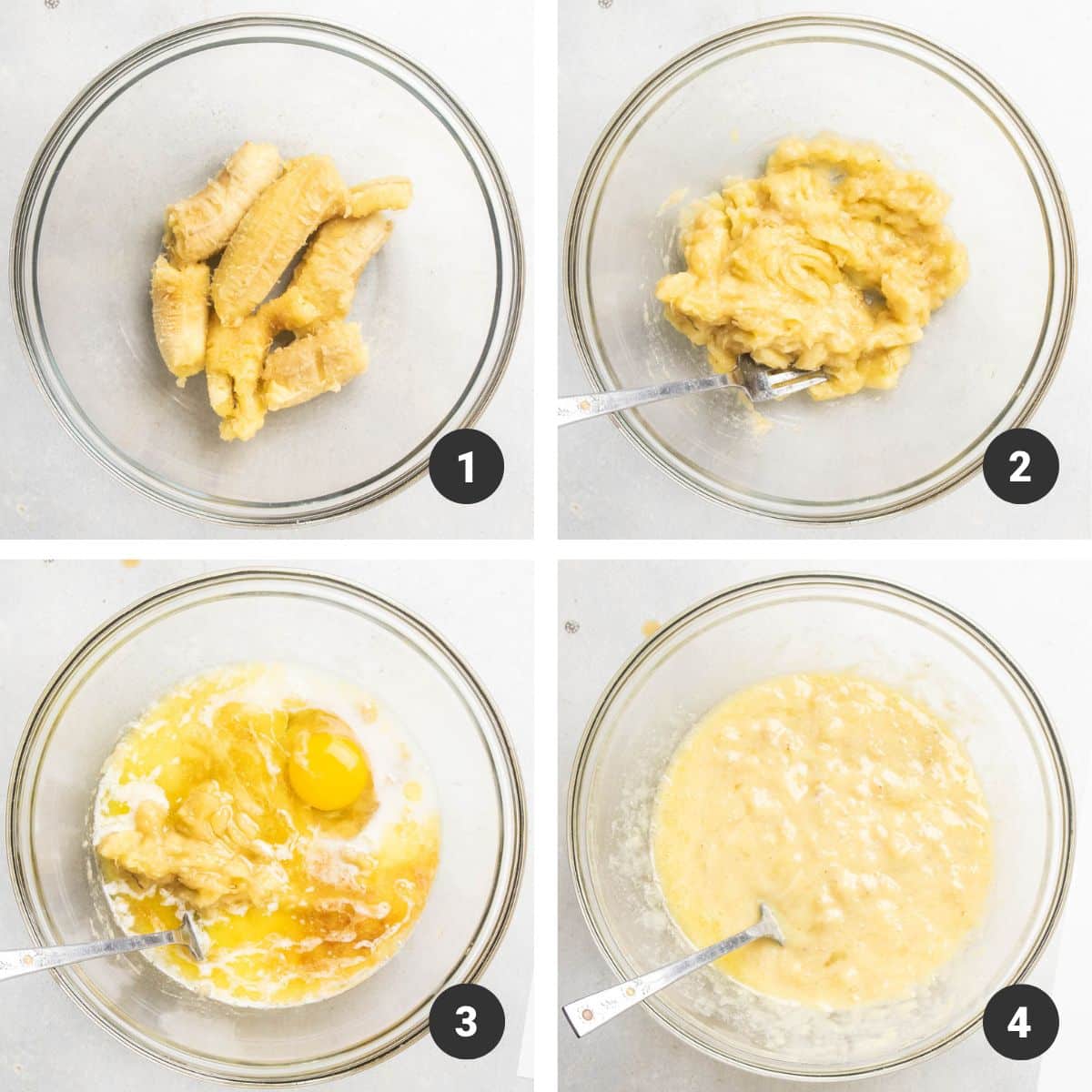 Mashing bananas for the batter.