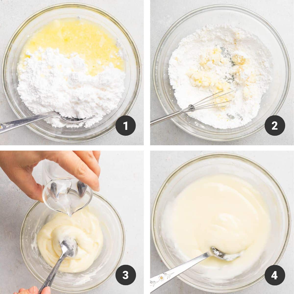 Whisking lemon glaze together in a small bowl.