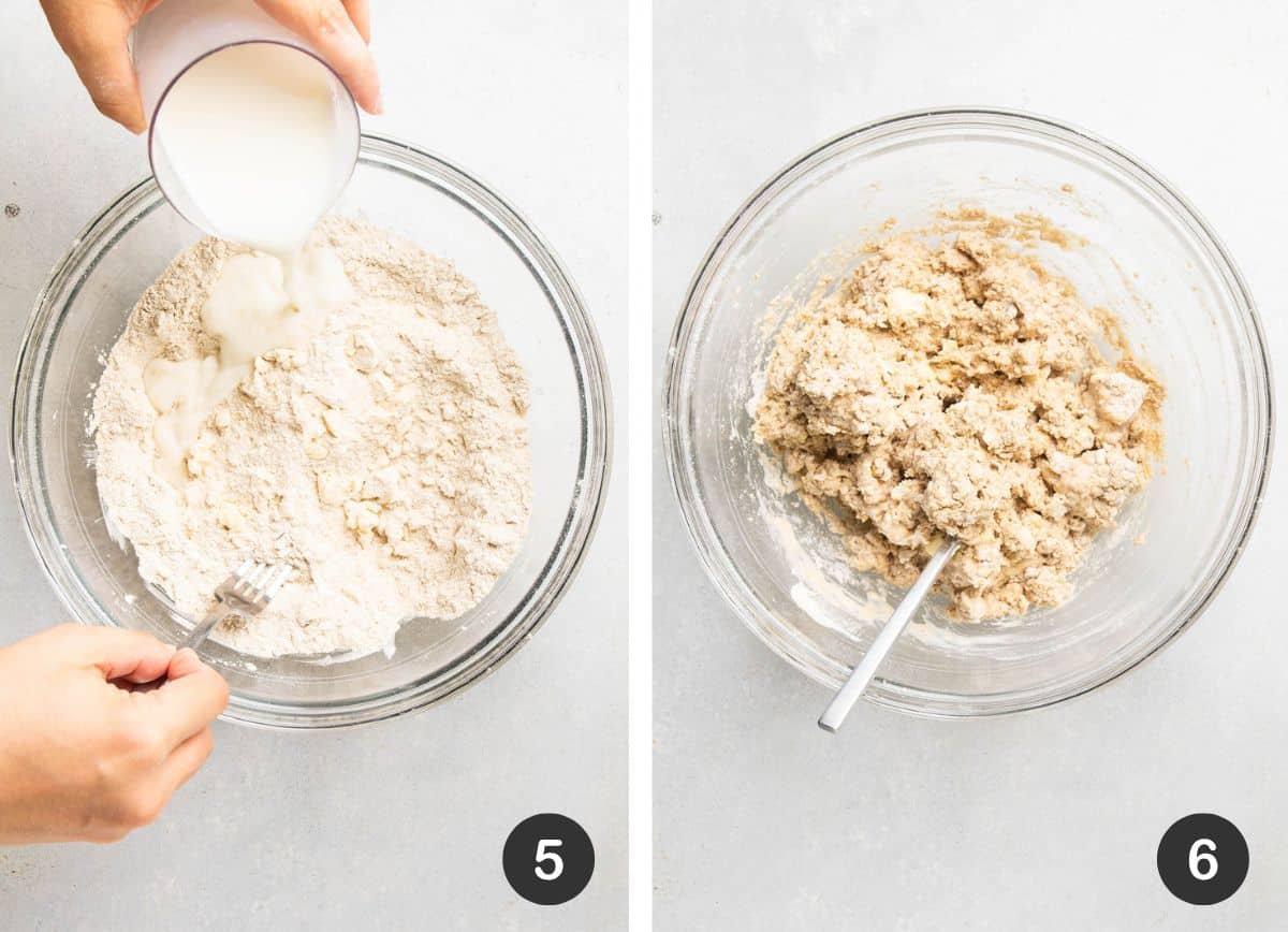 Mixing milk into dough.