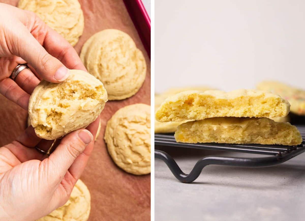 Breaking a sugar cookie in half to show the interior.