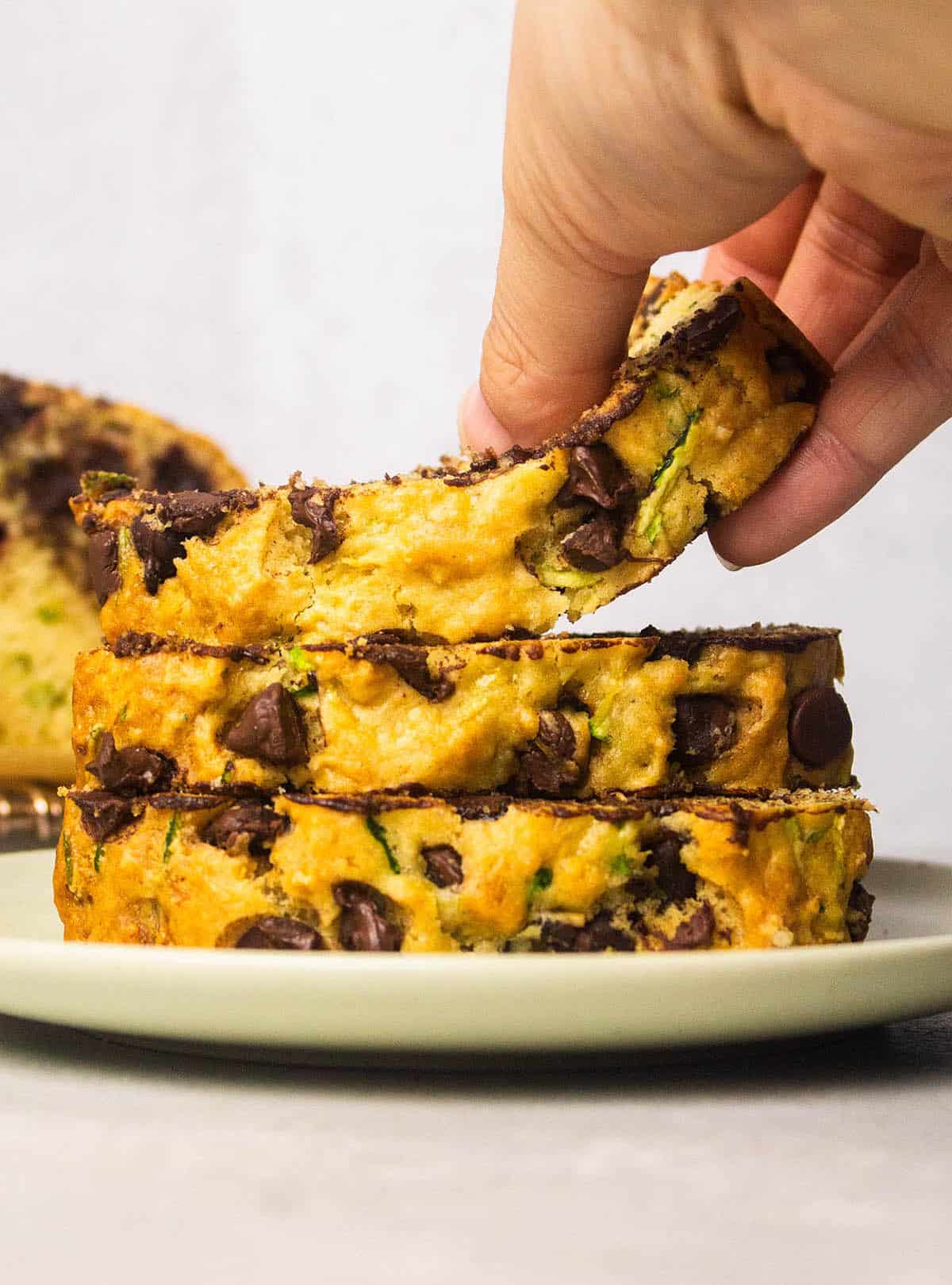 Slices of chocolate chip zucchini bread.