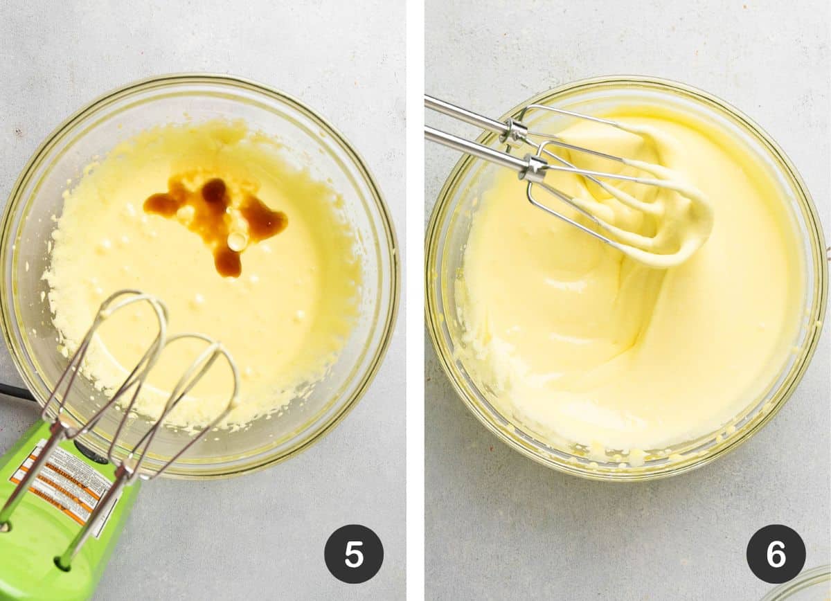 Adding vanilla to egg mixture.
