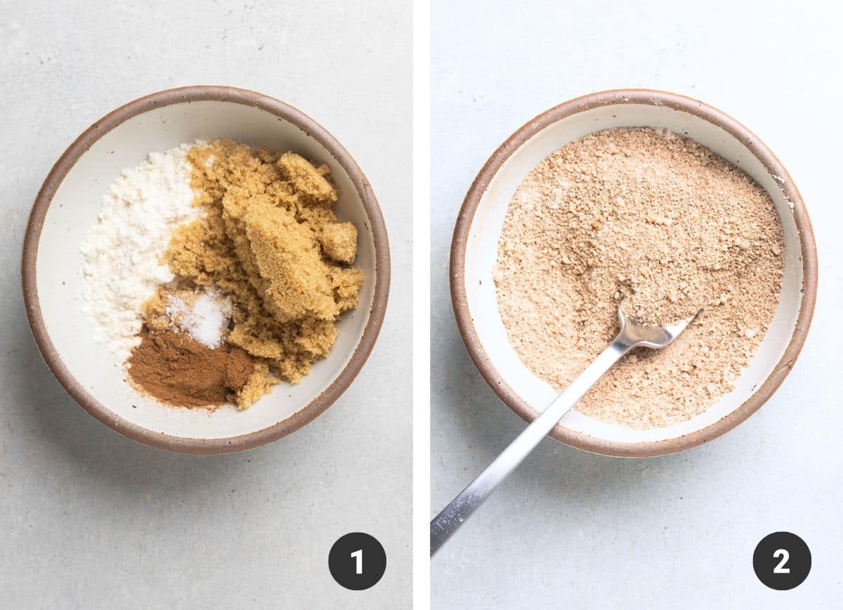 Mixing cinnamon filling in a small bowl.