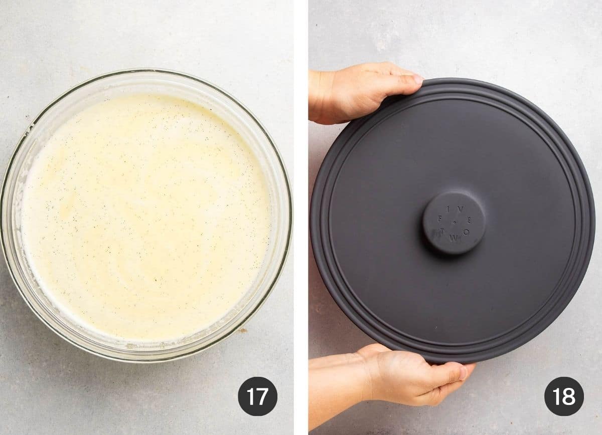 Covering custard with an airtight lid.