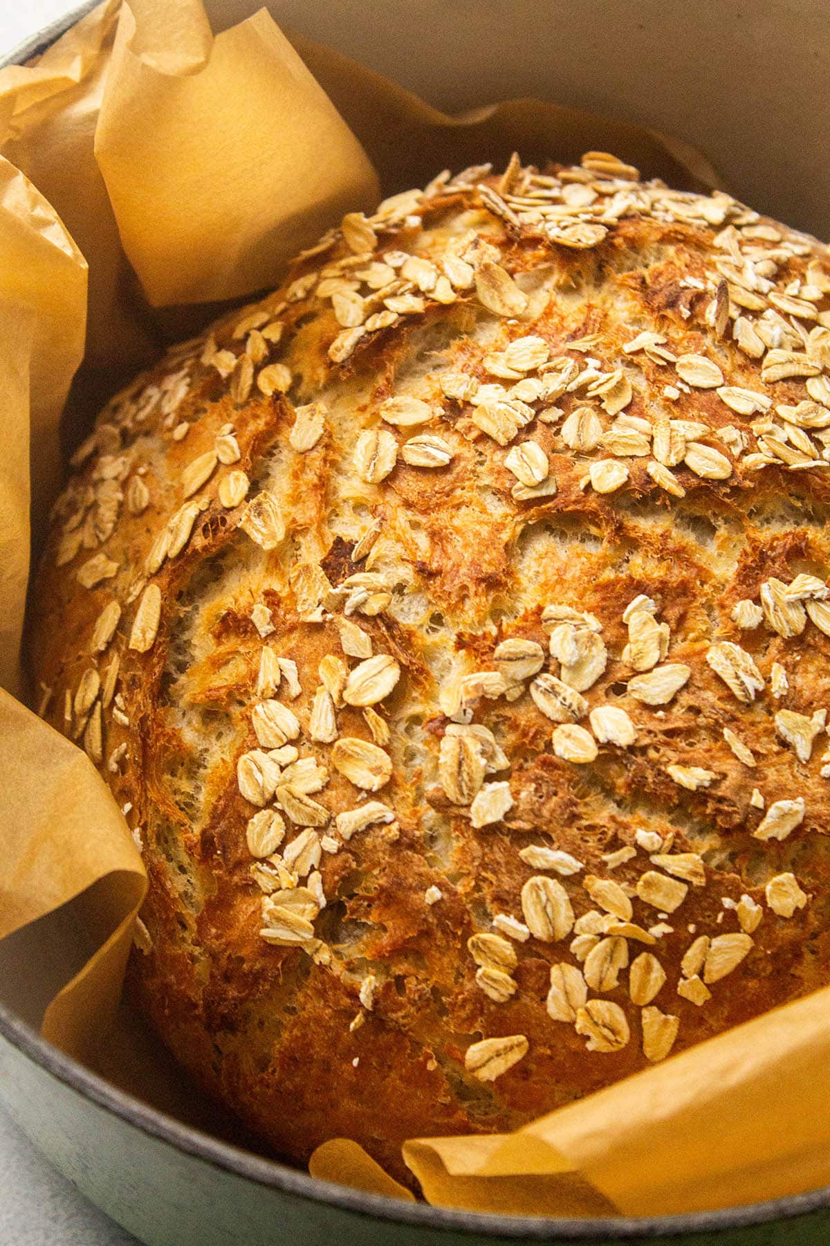 Honey oat bread in a dutch oven.