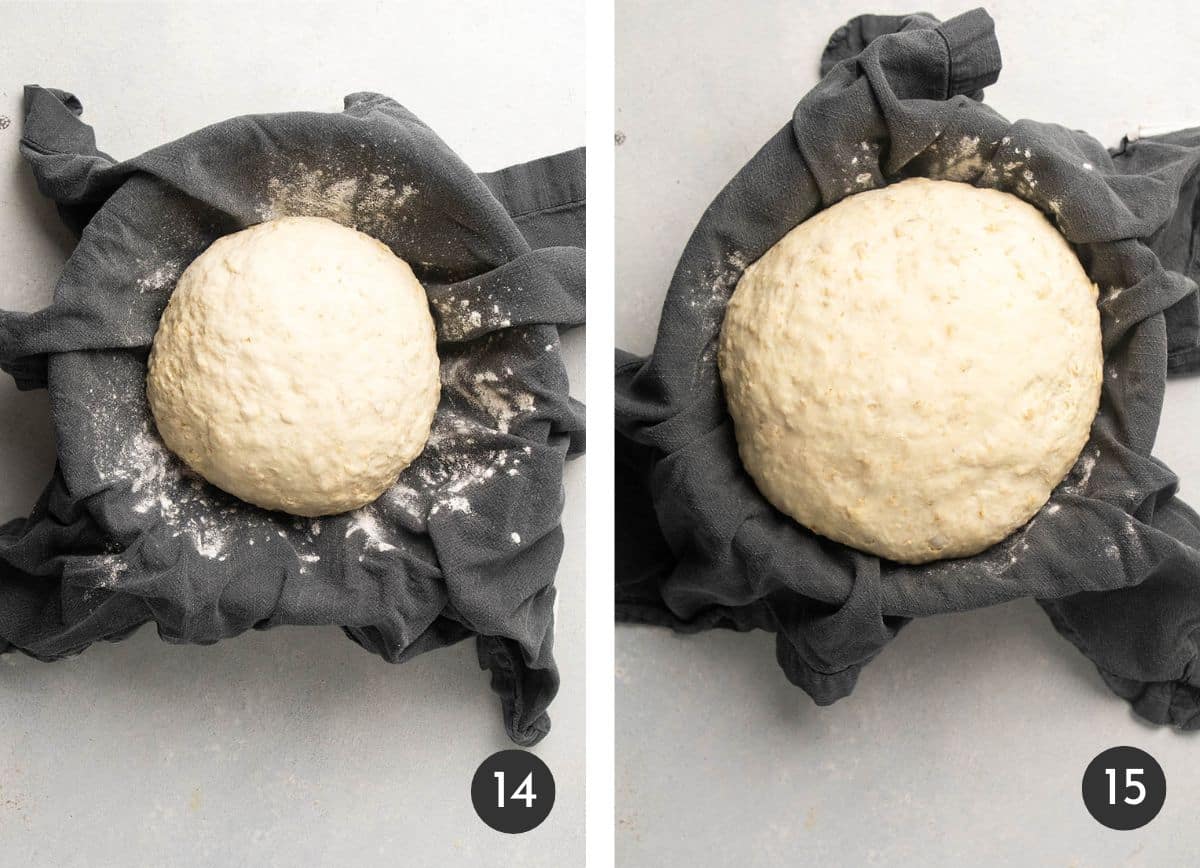 Placing dough in a proofing basket to rise.