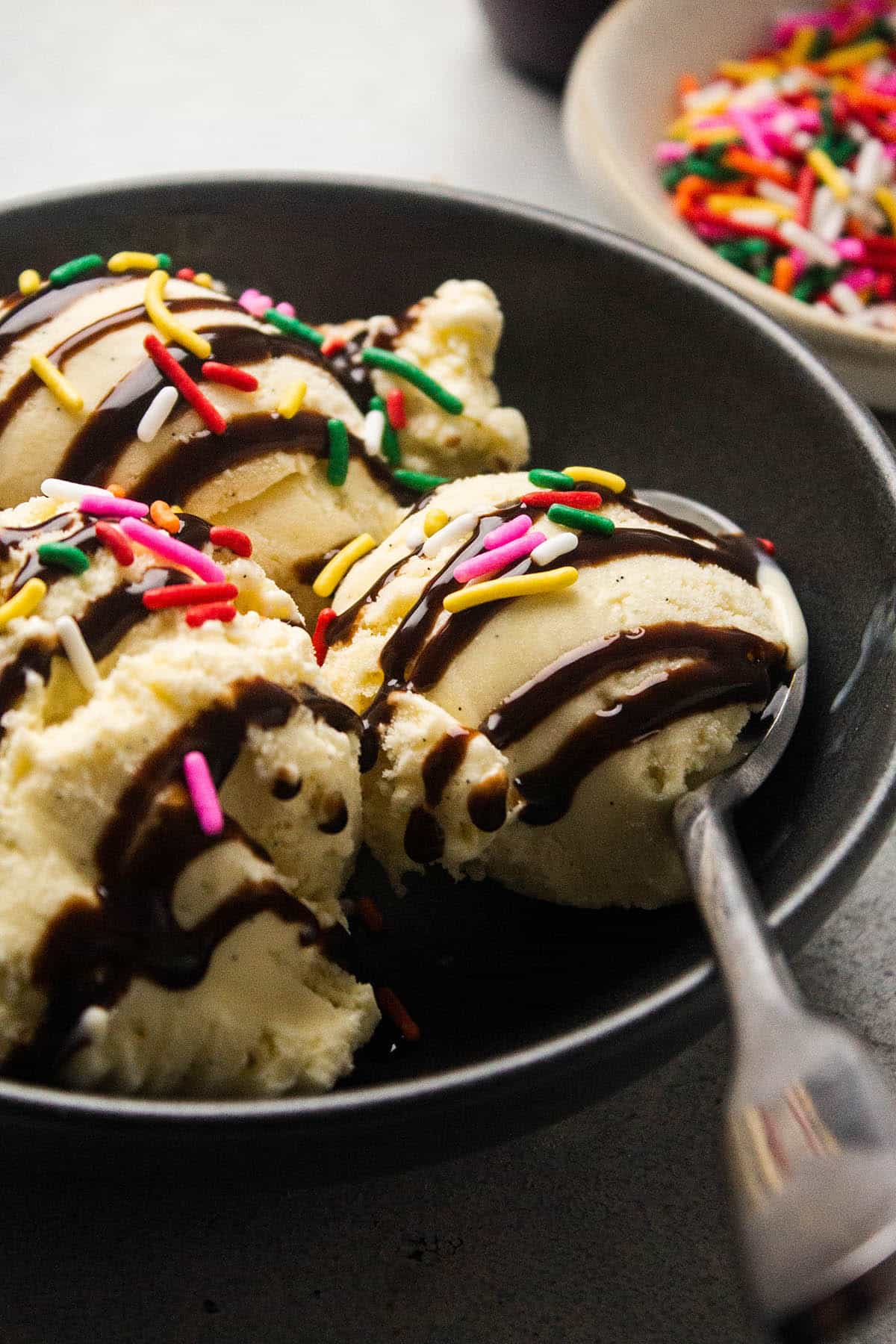 Ice cream with chocolate sauce and sprinkles.