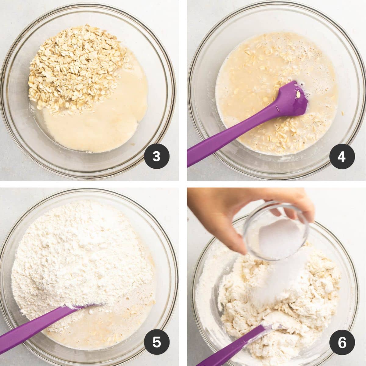 Mixing oats and flour into the dough.