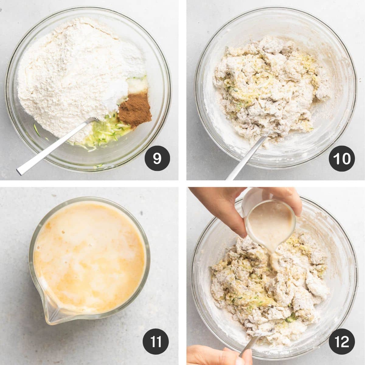 Adding dry ingredients to batter.