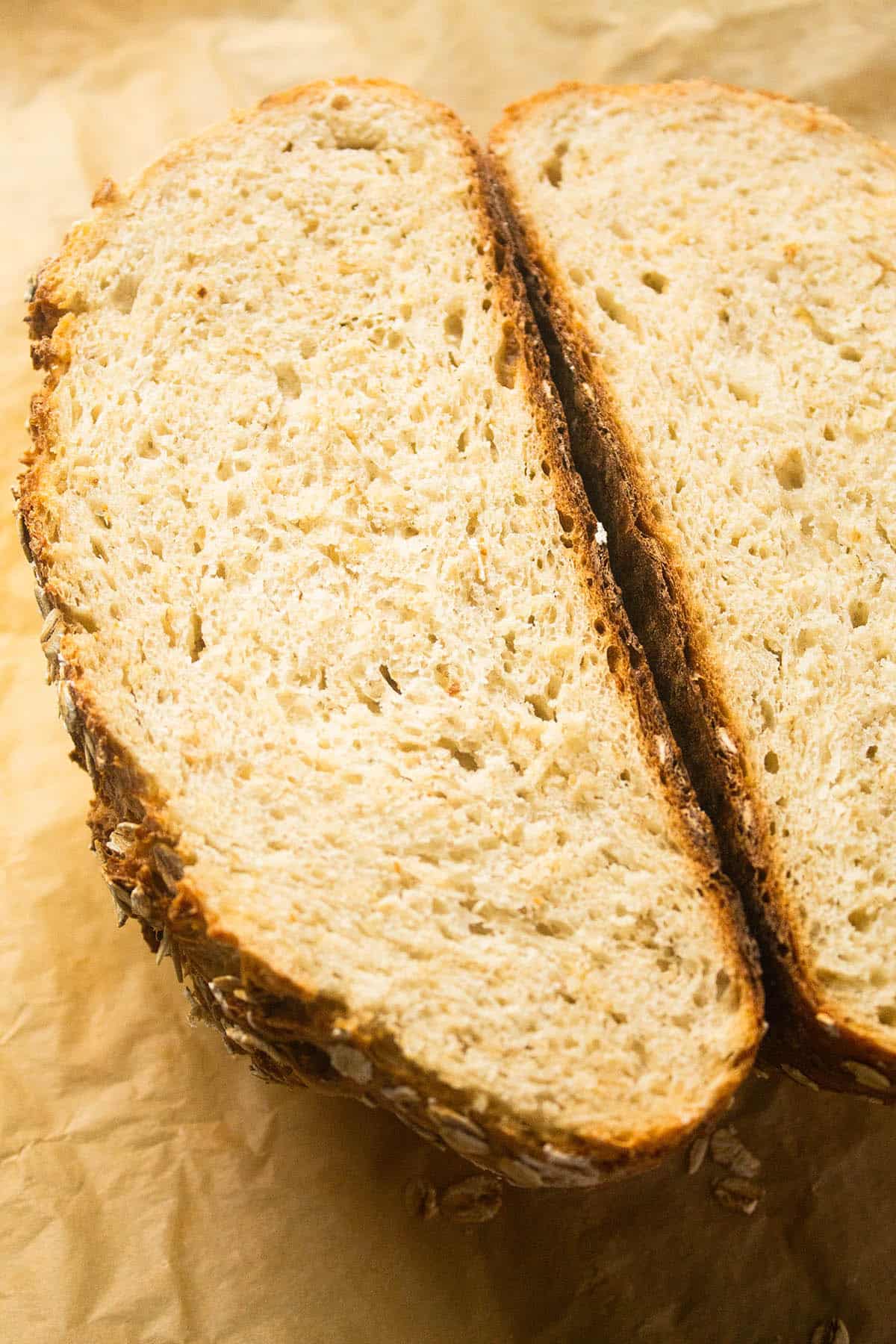 Close up of loaf's soft interior texture.