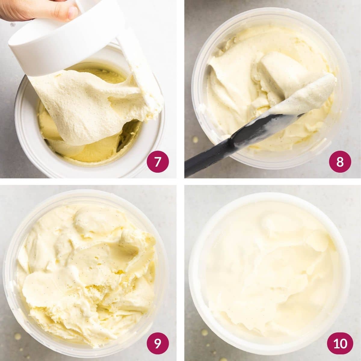 Packing vanilla ice cream into a freezer container.