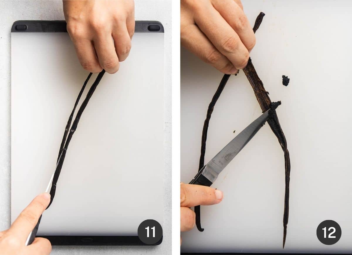 Slicing a vanilla bean in half to remove the paste inside.